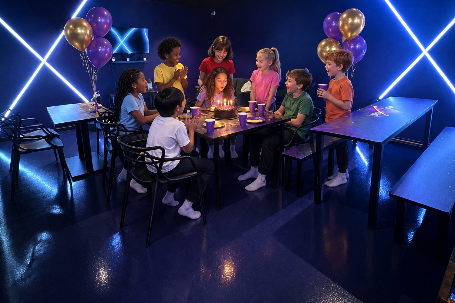 Enfant qui souffle les bougies de son gâteau d'anniversaire chez Planet Park