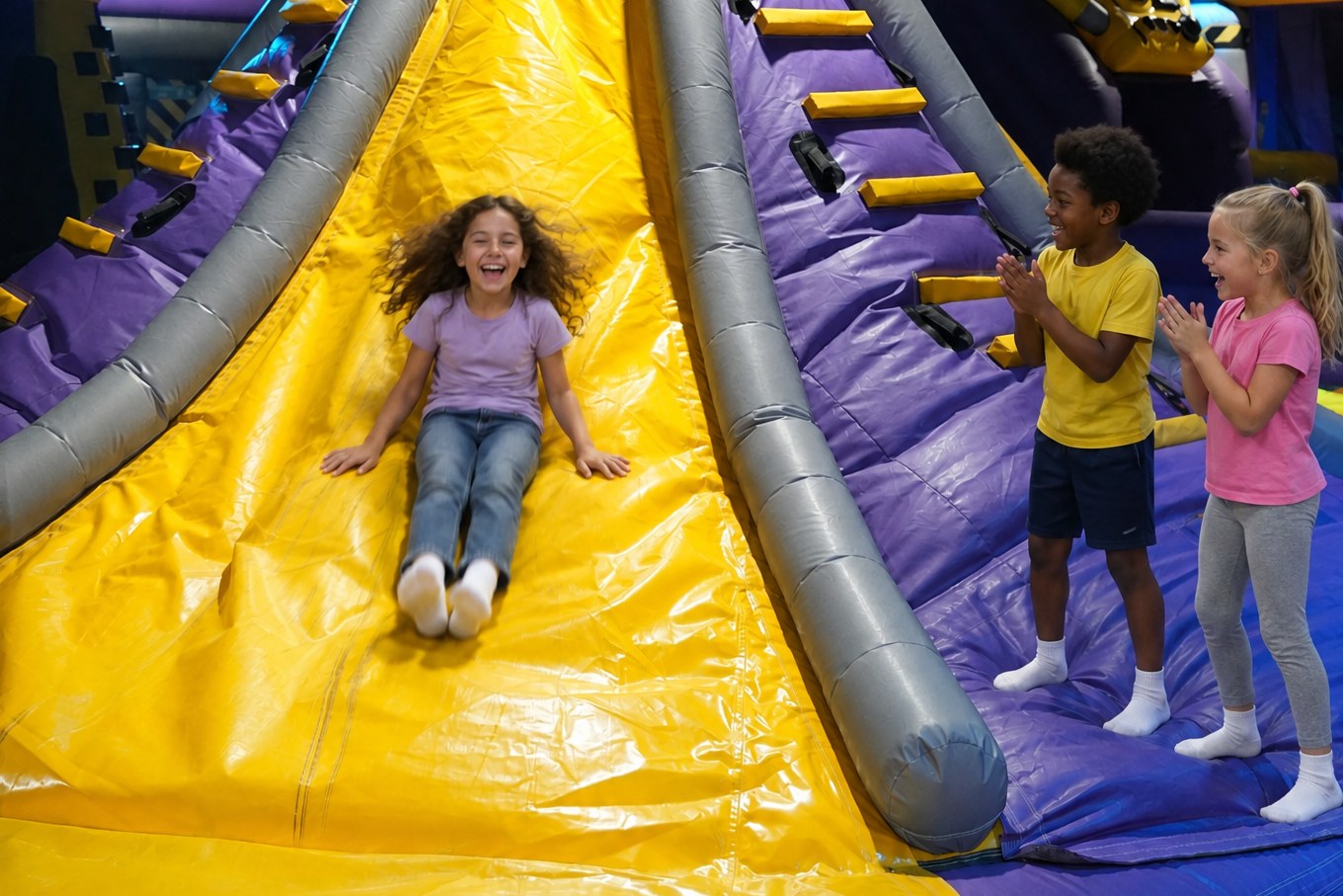 Enfants qui fêtent un anniversaire sur les structures gonflables Planet Park