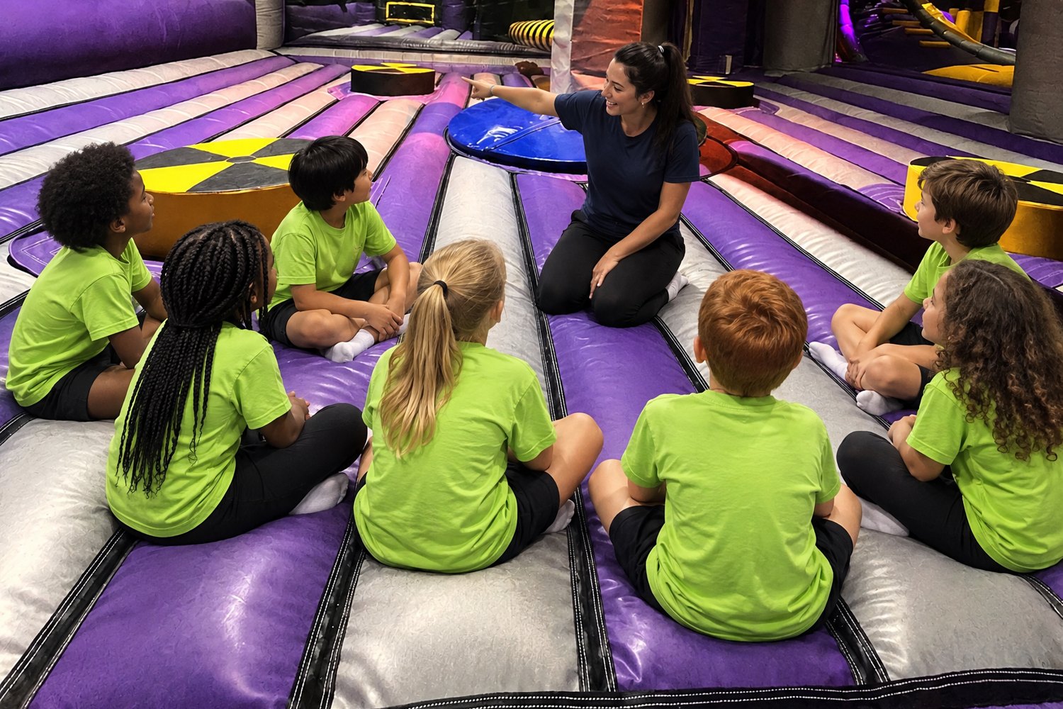 Groupe de centre de loisirs écoutant les consignes dans un parc indoor Planet Park