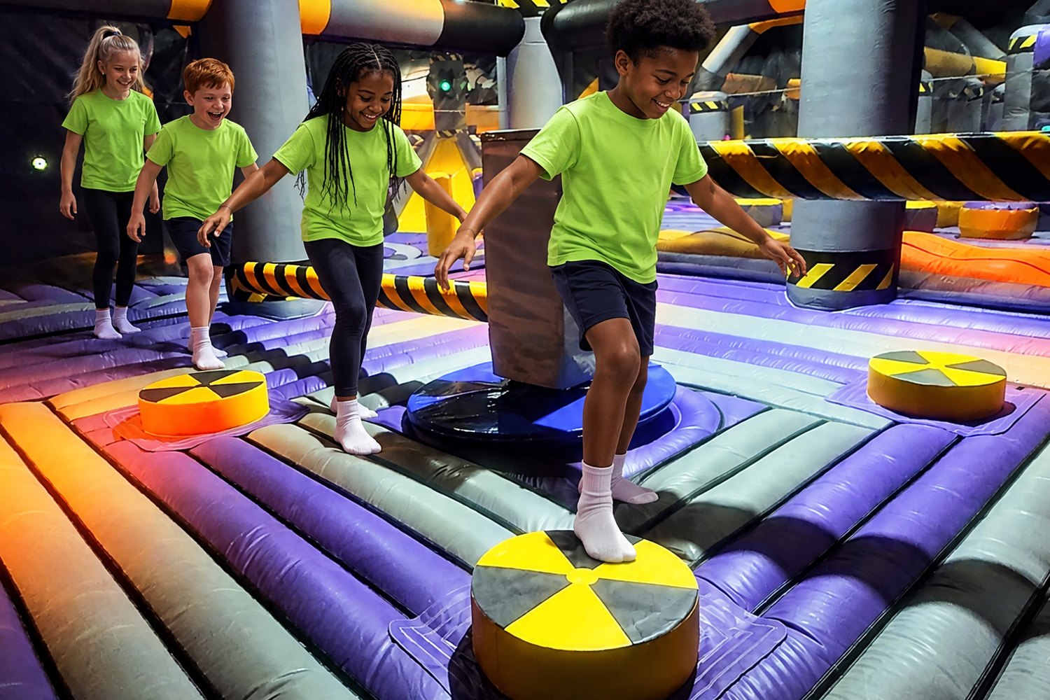 Enfants d'un groupe sur le parcours d'obstacles gonflable Planet Park